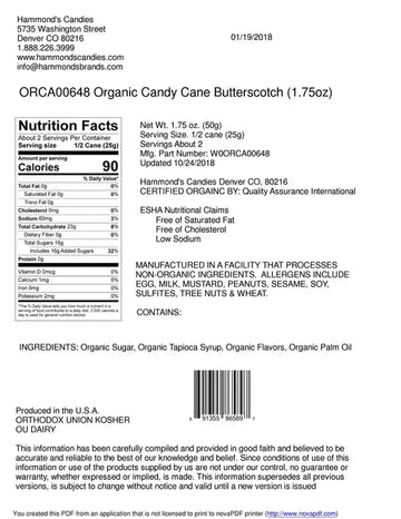 Organic Hand-Spun Jumbo Candy Cane - Butterscotch - 1.75 oz