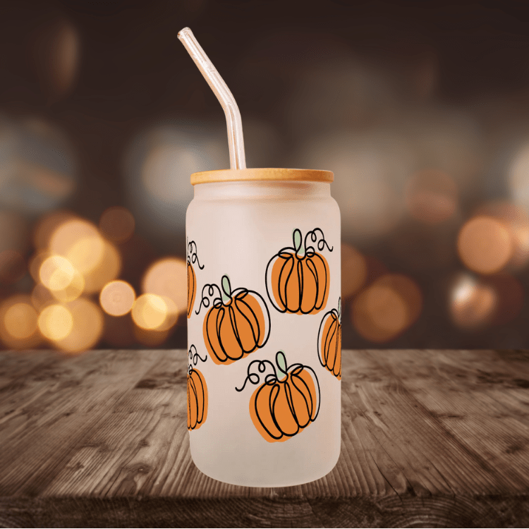 Pumpkin Glass Iced Coffee Cup – 16oz Iced Coffee Tumbler with Lid & Straw