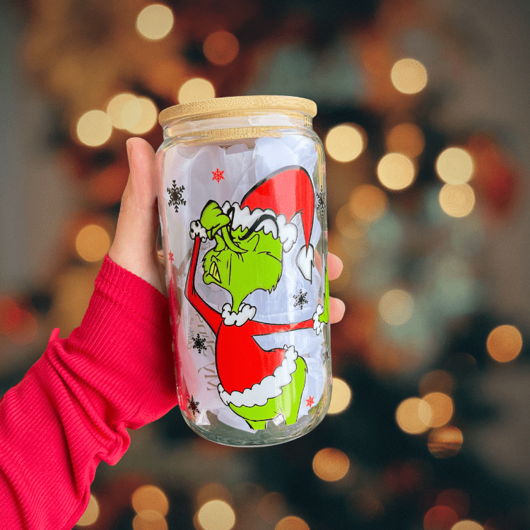 Christmas Grinch Glass Cup – 16oz Tumbler with Lid & Straw, Holiday Gift