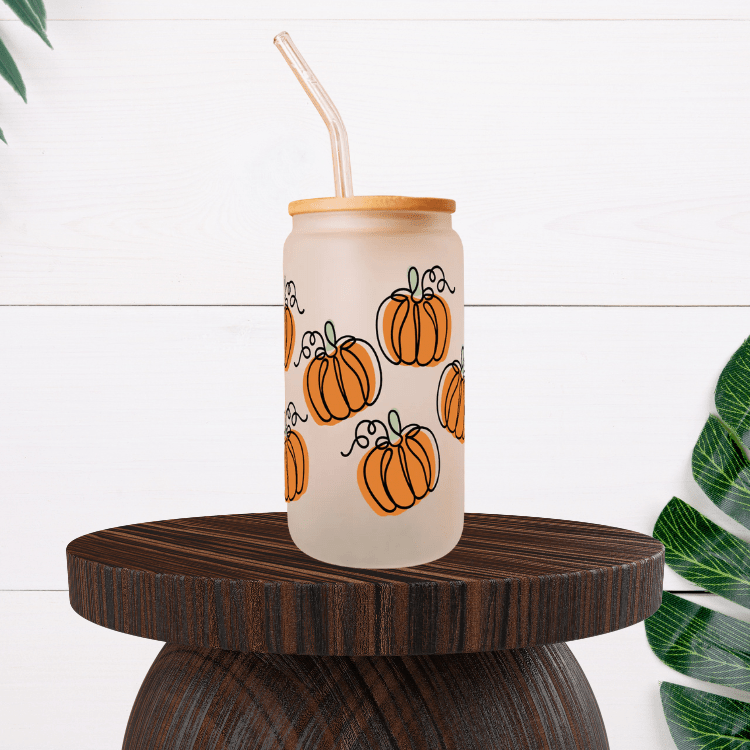 Pumpkin Glass Iced Coffee Cup – 16oz Iced Coffee Tumbler with Lid & Straw