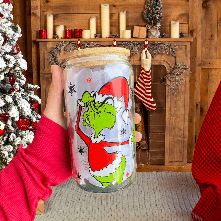 Christmas Grinch Glass Cup – 16oz Tumbler with Lid & Straw, Holiday Gift