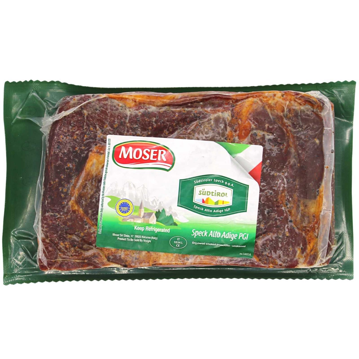 Speck, 6 lbs +/- (4lbs - 6lbs/piece) ,Seasoned and Smoked Italian Ham, Cured in the European Alps Mountains, Alto Adige IGP, Boneless and Ready to Slice, Best sliced paper thin with slicer, (Not Prosciutto), Weight approx. 6 lbs, by Moser Tirolinger brand