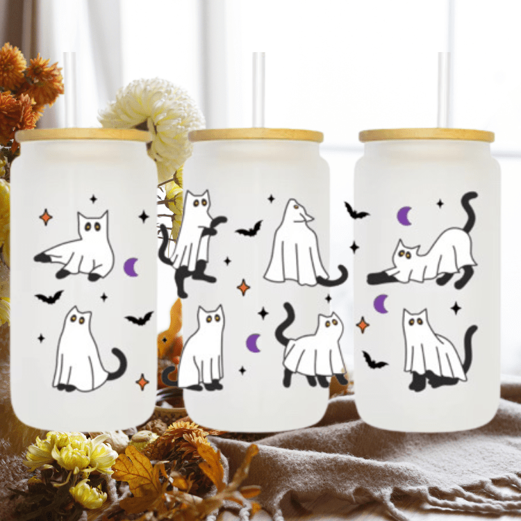 Halloween Ghost Cat Glass Cup – Coffee & Iced Drink Mug, Spooky Gift