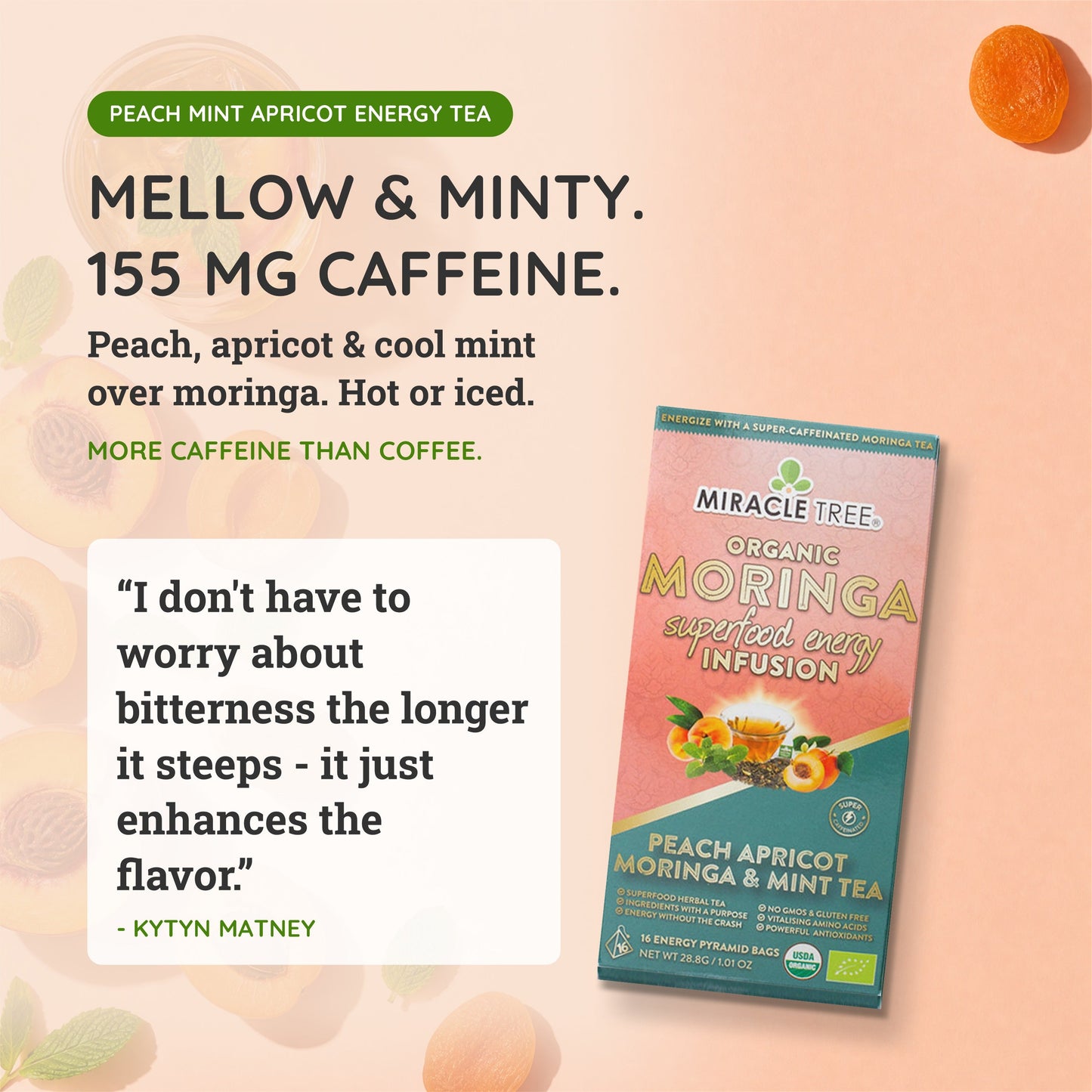 Organic Moringa Energy Tea - Peach Mint Apricot - Natural Coffee Alternative