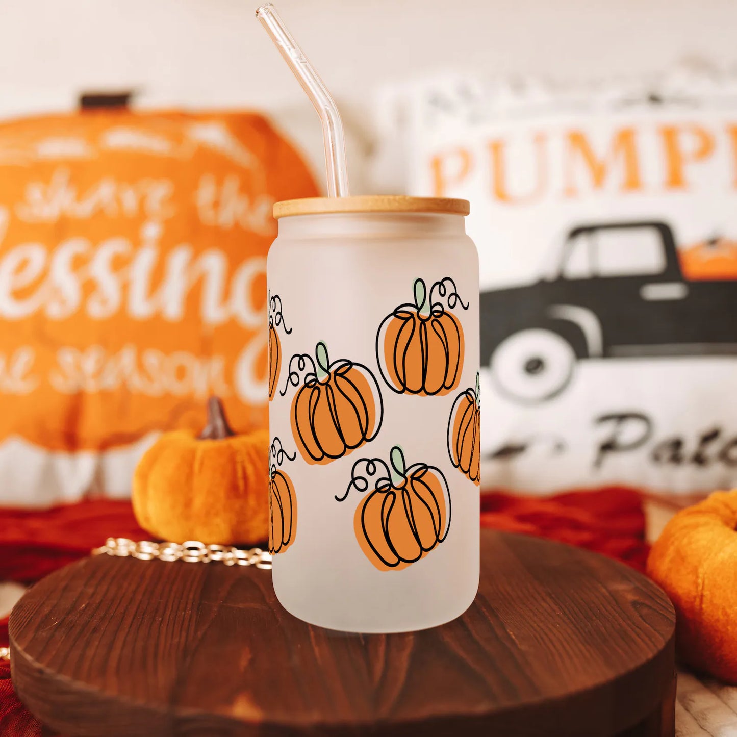 Pumpkin Glass Iced Coffee Cup – 16oz Iced Coffee Tumbler with Lid & Straw