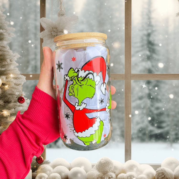 Christmas Grinch Glass Cup – 16oz Tumbler with Lid & Straw, Holiday Gift