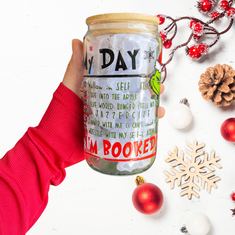 Christmas Grinch Glass Cup – 16oz Tumbler with Lid & Straw, Holiday Gift