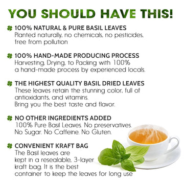 Premium Dried Basil – 100% Pure, Non-GMO, Gluten-Free, Vegan – Aromatic Culinary Herb for Cooking, Garnish, and Seasoning