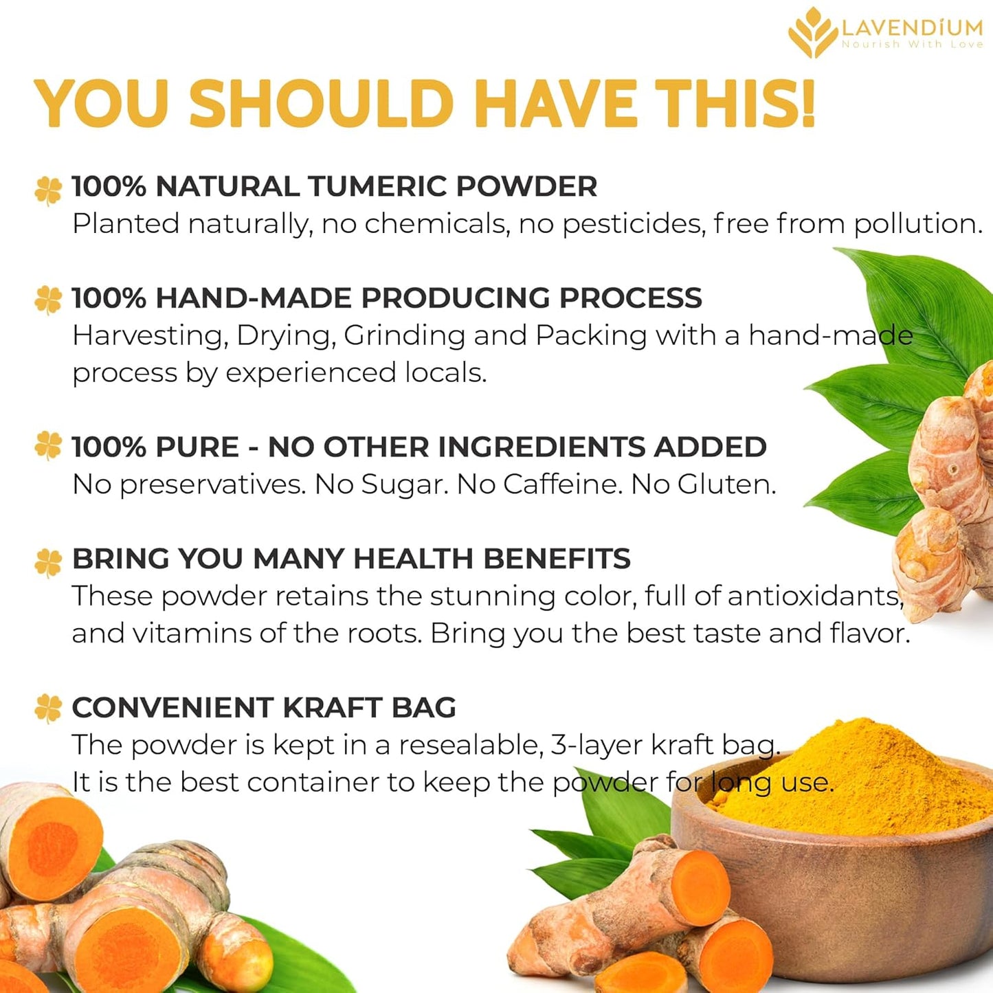 Turmeric Powder, 100% Natural & Pure, Ground, Seasoning Root Powder, No Additives, No Gluten, Vegan
