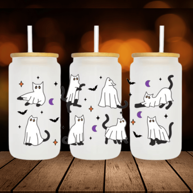 Halloween Ghost Cat Glass Cup – Coffee & Iced Drink Mug, Spooky Gift
