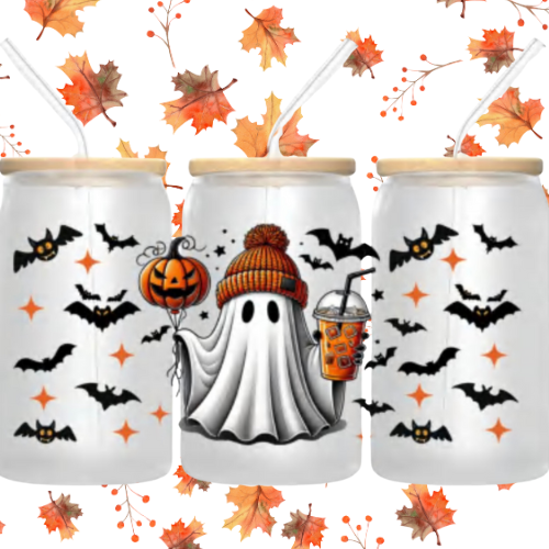 Cute Ghost Halloween 16oz Glass Tumbler – Lid & Straw, Spooky Season Gift
