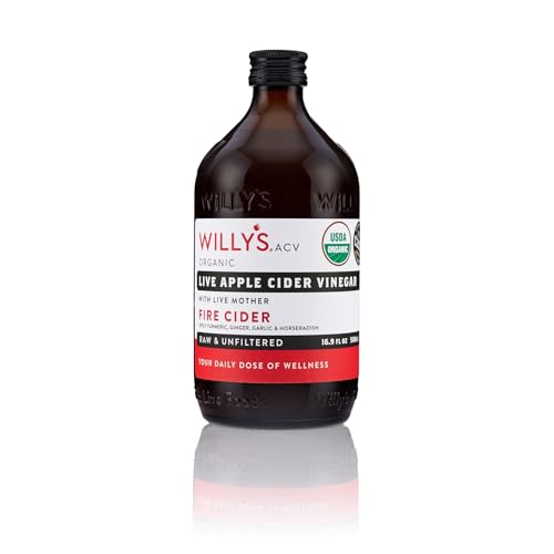 WILLYS Organic Live Fire Cider - Apple Cider Vinegar with Garlic, Onion, Turmeric, Ginger, Honey, Cayenne - 16.9 Fl Oz Glass Bottle