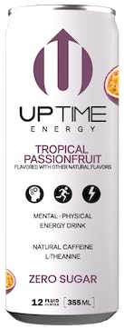 UPTIME Tropical Passionfruit Energy Drink - Zero Sugar, Natural Caffeine, 12oz Cans, Pack of 12