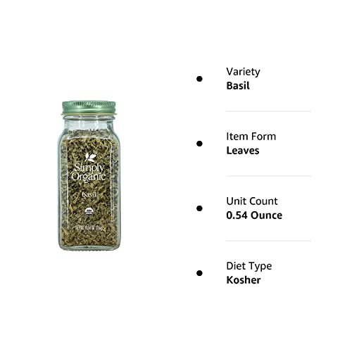 Simply Organic Pure Egyptian Basil Leaf, 0.54 Ounce Bottle, Cut And Sifted, Herbaceous And Aromatic, Popular On Pizza, Kosher