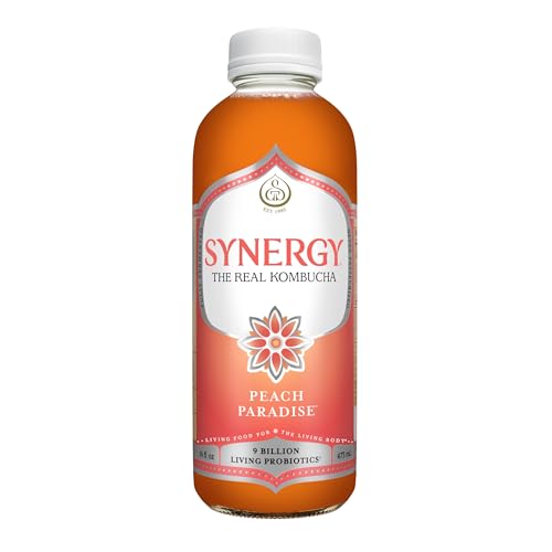 SYNERGY The Real Kombucha - Peach Paradise - 16 fl oz Bottle - Raw Probiotic Drink for Gut Health and Immune Support