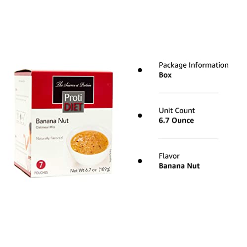 Protidiet High Protein Banana Nut Oatmeal - Gluten Free, Rich In Fiber, Low Sugar - Easy To Digest, Healthy, And Nutritious Breakfast Protein Oatmeal - 7 Instant Oatmeal Packets