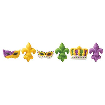 Mask, Crown and Fleur De Lis Edible Sugar Cake Toppers, 24 Count