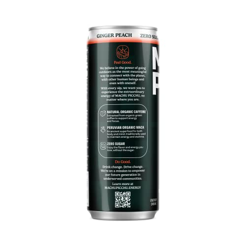 Machu Picchu Energy Drink Zero Sugar, Organic Ginger Peach, 12 Fl Oz