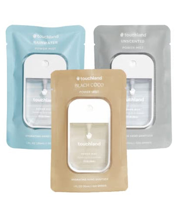 Touchland Power Mist Hydrating Hand Sanitizer Spray, Dye Free 3-Pack (Rainwater, Unscented, Beach Coco), 500-Sprays Each, 1Fl Oz