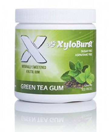 Xyloburst Green Tea Gum - Sugar-Free Natural Xylitol Teeth Cleaning Chewing Gum -100 Count Jar - Non Gmo, Vegan, Aspartame Free,