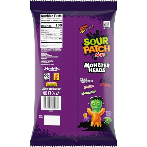 SOUR PATCH KIDS Big Kids Monster Heads Individually Wrapped Soft & Chewy Halloween Candy, 10 oz