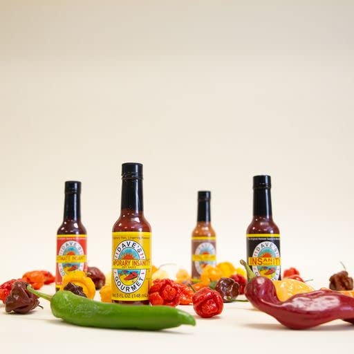 Daves Gourmet Insanity Super Hot Sauce Variety 4-Pack - Carolina Reaper, Ghost Pepper, Scorpion - 5oz Bottles - Vegan, Gluten-Free