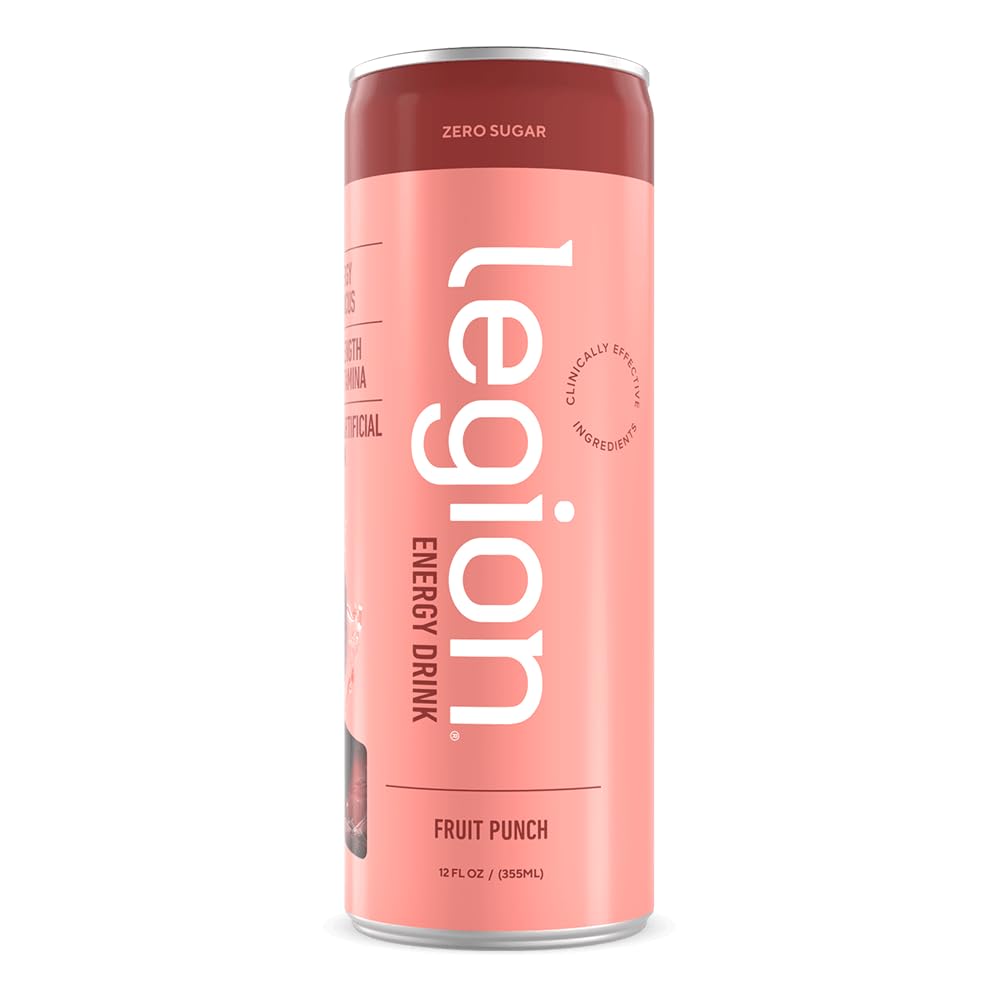 LEGION Energy Drink - Sugar Free, Naturally Sweetened, with Natural Caffeine, Theanine, Taurine, B Vitamins - 12 Pack, Fruit Punch