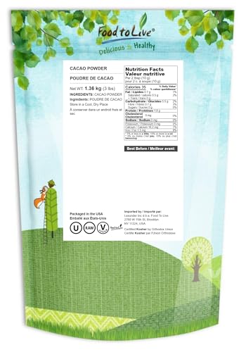 Food to Live Cacao Powder - 3 Pounds, Raw, Unsweetened, Kosher, No Sugar, Vegan Superfood, Keto, Paleo Friendly, Sirtfood, Cocoa