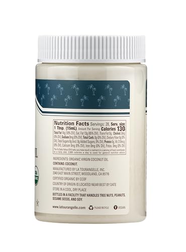 La Tourangelle, Organic Coconut Oil, Unrefined, For Cooking, Baking, Hair, And Skin Care, Pure Virgin, Expeller Pressed, 14 Fl Oz