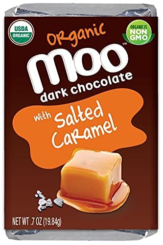 Moo Chocolates Organic Dark Chocolate Mini Bars With Salted Caramel 0.7Oz, 28 Ct (Pack Of 2) | Usda Organic, Non-Gmo | 100 Calor