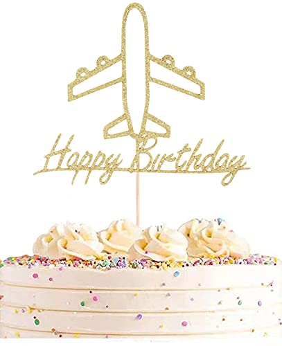 AHAORAY Airplane Cake Topper - Gold Glitter Eco-Friendly Cardboard Decoration for Birthday Parties and Photo Booths