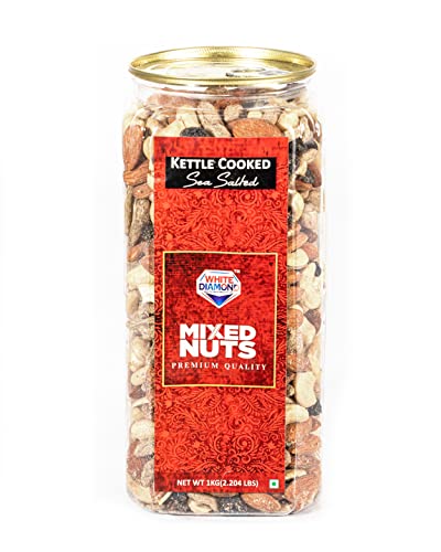 White Diamond Kettle Cooked Sea Salted Mixed Nuts - Roasted Almonds, Cashews, Dried Black Raisin, Green Raisin (1000 Gm)