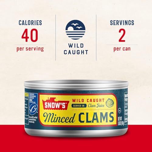Snows Wild Caught Minced Clams, 6.5 oz Can, 5g Protein, Gluten Free, Keto Friendly, 99% Fat Free