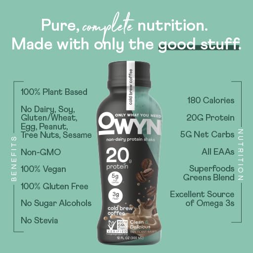 Owyn Only What You Need Vegan Plant Based Protein Shake, Cold Brew Coffee, 36 Pack, 20G Plant Protein, 148Mg Of Caffeine, Omega-3, Prebiotic Nutrition Products, Gluten-Free, Soy-Free, Non-Gmo