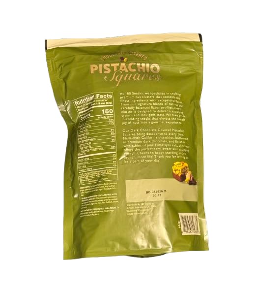 180 Snacks Pistachio Square Dark Chocolate 14 OZ Covered with Himalayan Pink Salt, Premium Dark Chocolate, Brown