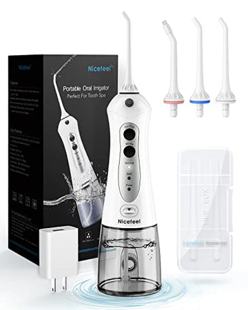 Nicefeel Cordless Water Flosser 300Ml Usb Rechargeable And Portable Oral Irrigator With Tips Case For Travel, 3-Modes Ipx7 Water