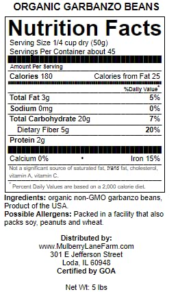 Garbanzo Beans, 5 Pounds (Chick Peas), Usda Certified Organic, Dried, Non-Gmo, Great For Hummus, Bulk, Product Of Usa, Mulberry