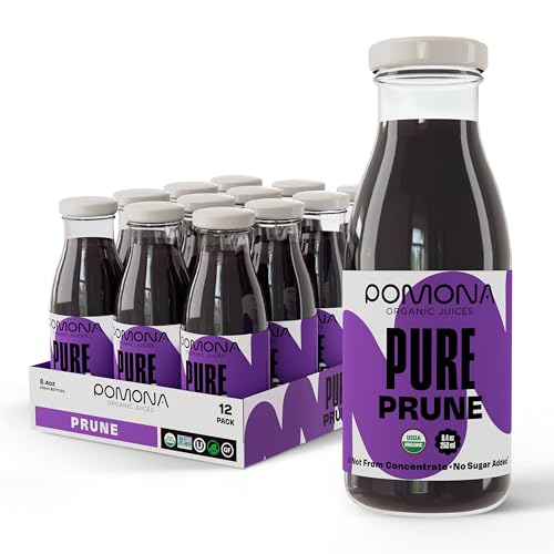 Pomona Organic Juices Pure Prune Juice, 8.4 Ounce Bottle (Pack Of 12), Cold Pressed Organic Juice, Non-Gmo, No Sugar Added, Not From Concentrate, Gluten Free, Kosher Certified, Preservative Free