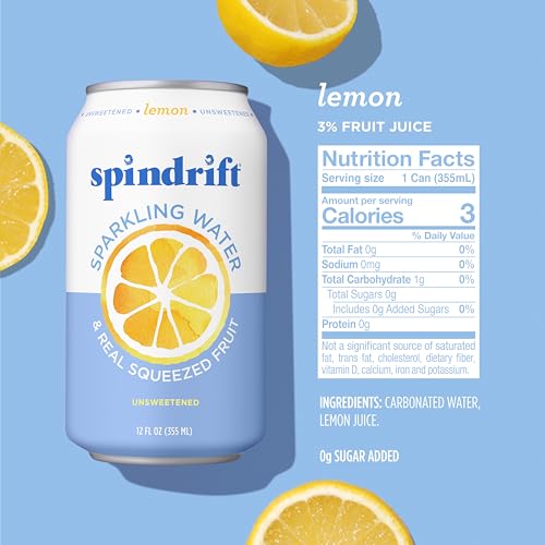 Spindrift Sparkling Water, Lemon Flavored, Made With Real Squeezed Fruit, 12 Fl Oz Cans, Pack Of 24 (Only 3 Calories Per Can)