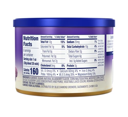 Blue Diamond Almonds, Classic Blueberry Flavored Sweet Snack Nuts perfect size for On-the-go, Lunch, Adults and Kids, 6oz Can (P