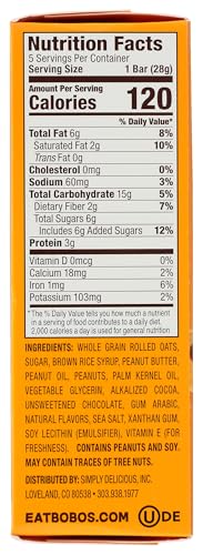 Bobo'S Peanut Butter Oat Bar + Dark Chocolate Dipped, Non Gmo, Gluten Free, 5 Ounces (Pack Of 6)