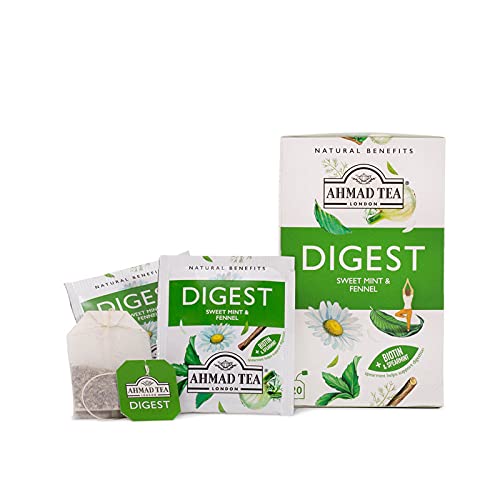 Ahmad Tea Herbal Tea, Sweet Mint, Fennel & Biotin 'Digest' Natural Benefits Teabags, 20 Ct (Pack Of 1) - Decaffeinated & Sugar-F