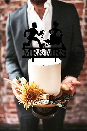 Mr And Mrs Cake Topper, Funny Wedding Cake Topper - The Groom Is Chasing His Lovely Runaway Bride With Handcuffs, Funny Bride An