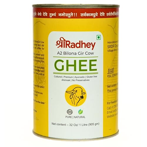 SHREERADHEY A2 Gir Cow Ghee | Traditional Bilona Churned | 1 Liter Tin (Pack Of 2)