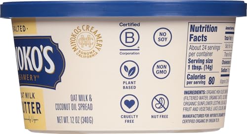 MIYOKOS CREAMERY Organic Oat Milk Butter, Spreadable, Hint of Sea Salt, 12 Oz Tub, (1-Pack)