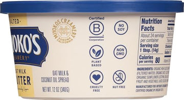 MIYOKOS CREAMERY Organic Oat Milk Butter, Spreadable, Hint of Sea Salt, 12 Oz Tub, (1-Pack)