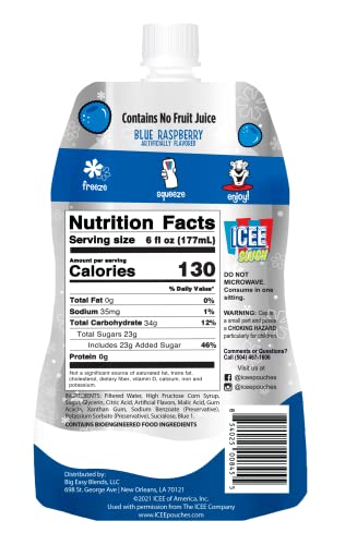 Icee Slush Blue Raspberry Frozen Fruit Juice 6 Fl Oz Pouches - Just Freeze & Squeeze For Instant Slushy Maker, Great For Birthda