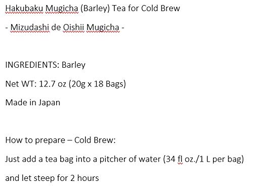 Hakubaku Mugicha Barley Tea, Caffeine-Free, 18 Cold Brew Bags, No Calories
