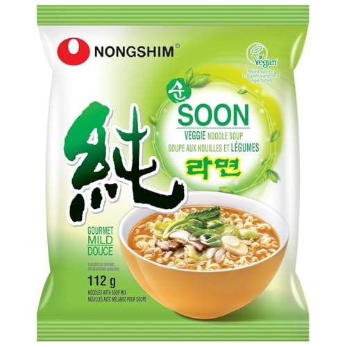 Nongshim Gourmet Soon Veggie Ramyun Vegan 4 pack, Mild Spicy, Dried Vegetable Flakes, Ramyun Noodles with Soup Mix
