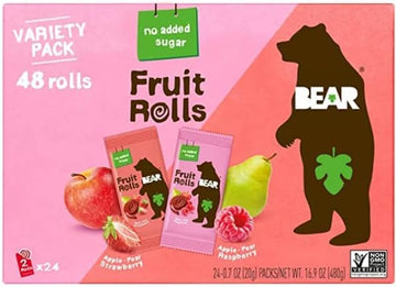 Bear Real Fruit Snack Rolls, Apple-Pear Strawberry & Apple-Pear Raspberry, Variety Pack, 48 Roll (24pk, 2 rolls per Pack)